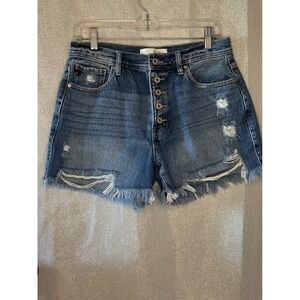 KanCan Denim Shorts Distressed Frayed‎ Hem Button Fly Blue Wash L